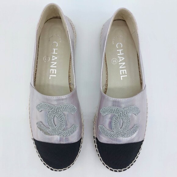 Chanel Espadrilles Laminated Lambskin Grosgrain Toe Caps Pink Silver Iridescent - Picture 8 of 12